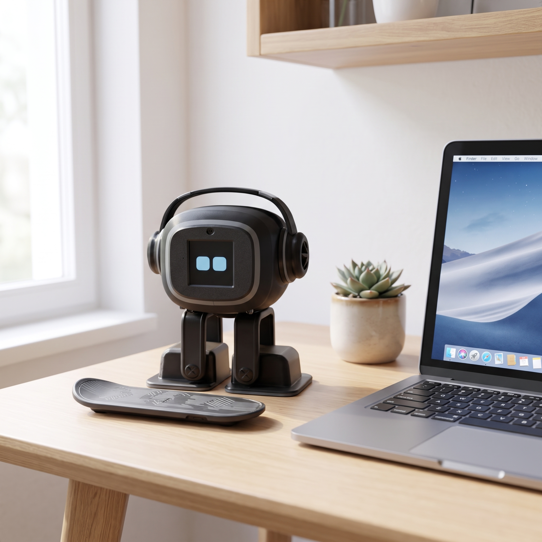 NIMBO desk robot on a desk beside a laptop in daylight