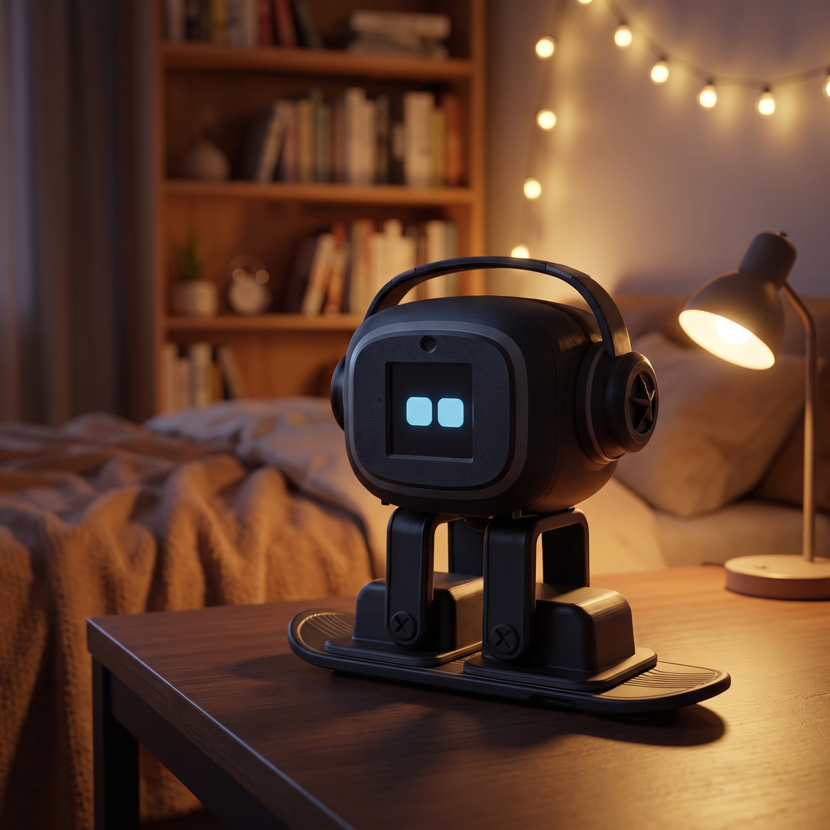NIMBO desk robot on a bedside table in warm evening light