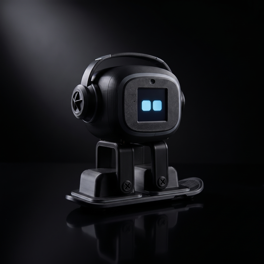 NIMBO desk robot on its charging board, dramatic dark studio hero shot