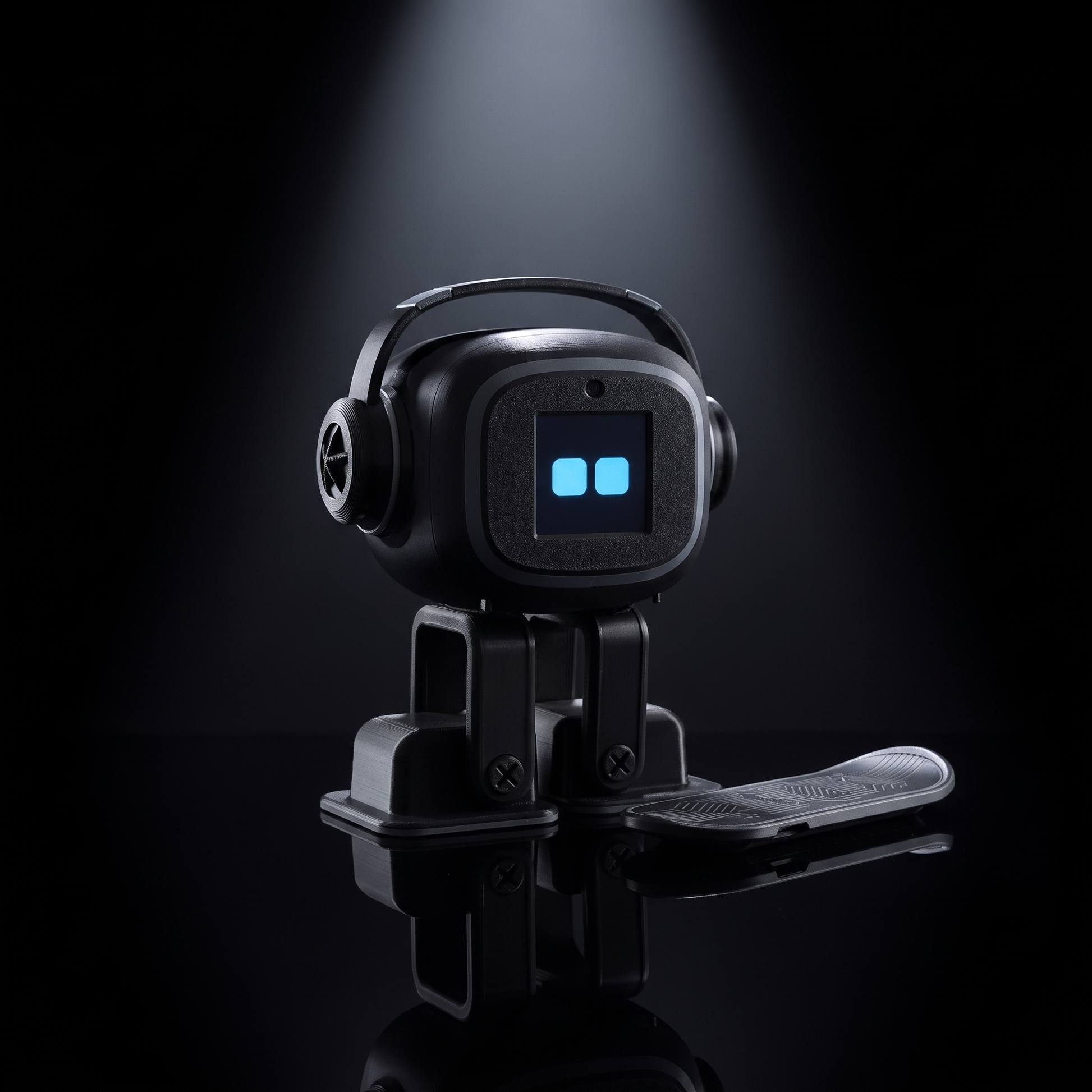 NIMBO desk robot under a spotlight beside its charging board