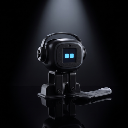 NIMBO desk robot under a spotlight beside its charging board