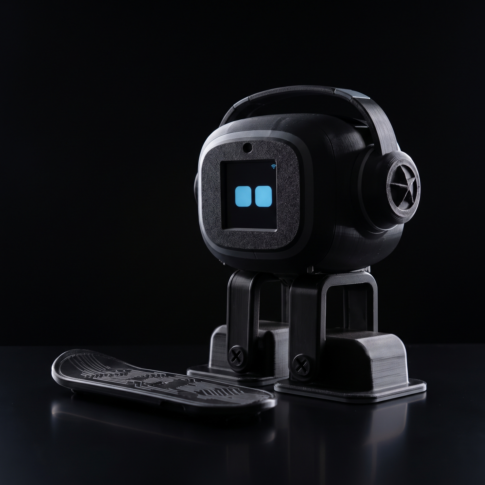 NIMBO desk robot rim-lit side view with charging board
