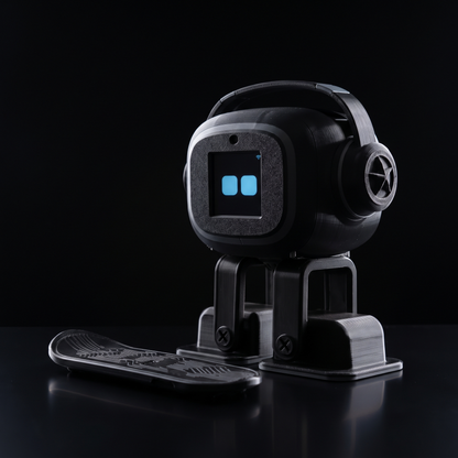 NIMBO desk robot rim-lit side view with charging board