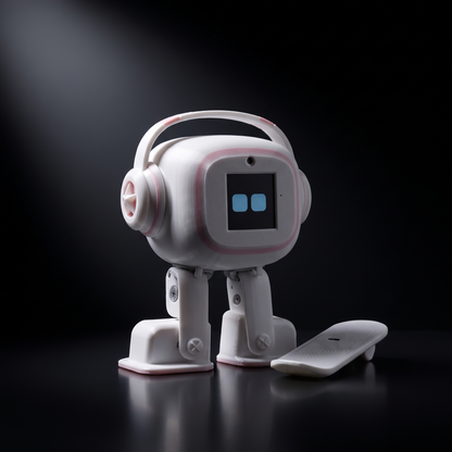 NIMBO desk robot in white with pink accents, dark studio hero shot