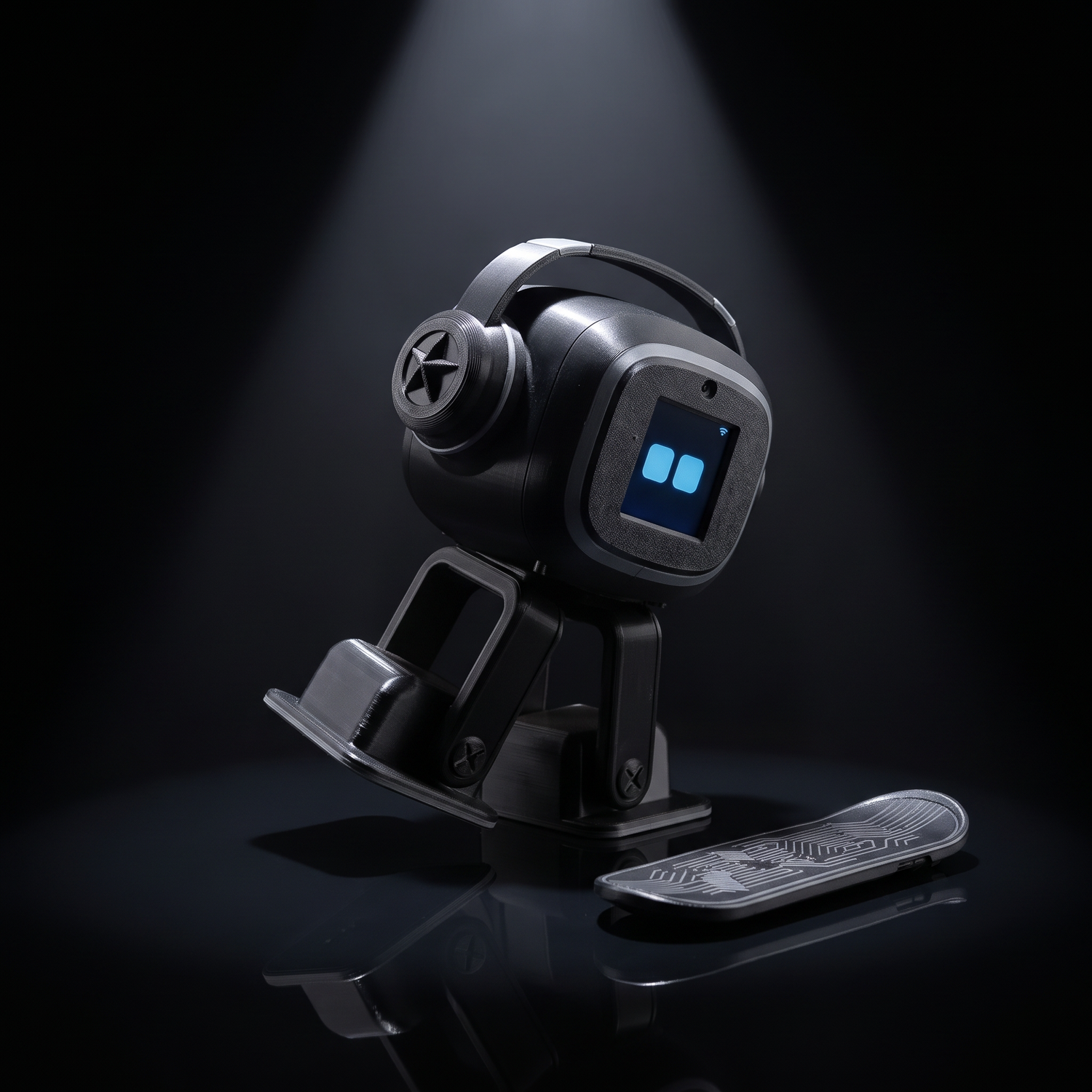 NIMBO desk robot mid dance twist under a spotlight