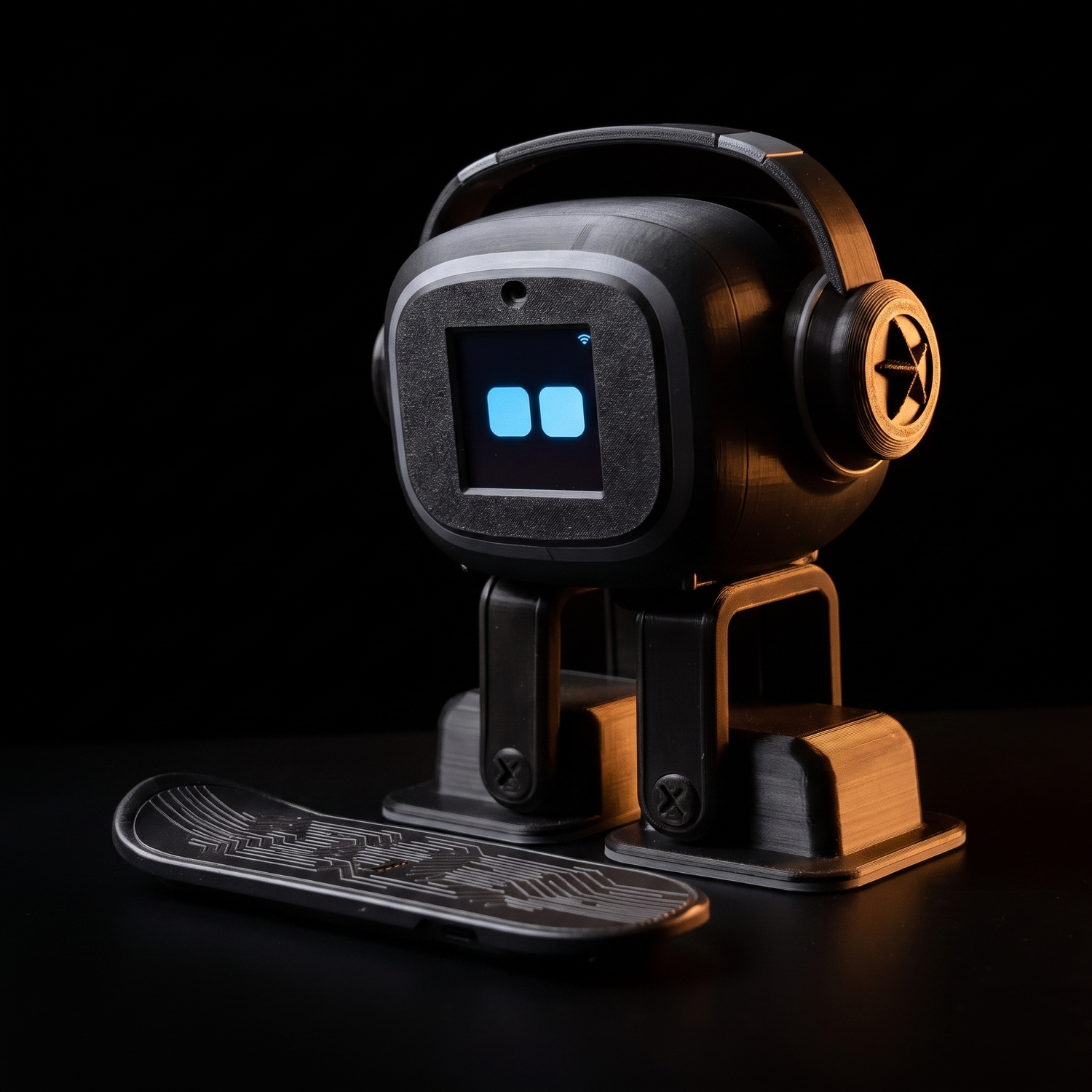 NIMBO desk robot tilting its head as if listening, warm accent light